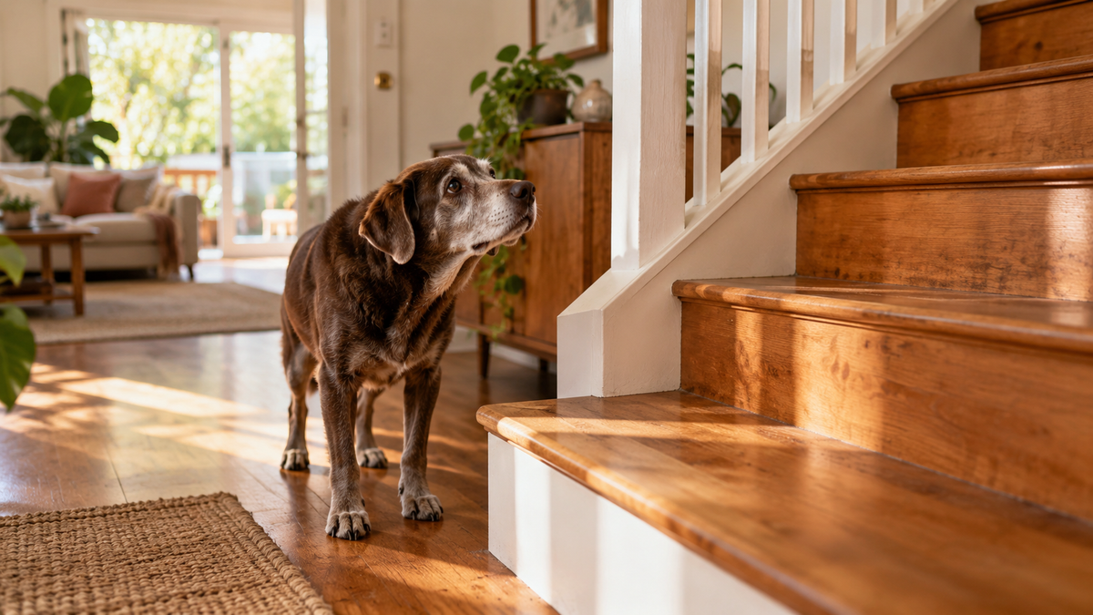 Senior dog hesitating at the bottom of a staircase at home