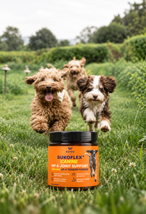 Three small dogs running toward the camera through a grassy outdoor field, with a jar of SUKOFLEX® Canine for Joint Support placed in the foreground on the grass.