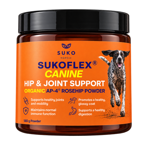 A jar of SUKOFLEX® Canine Hip & Joint Support powder, featuring a bright orange label with a black lid and a running dog graphic on the front.