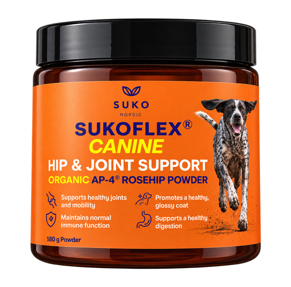 A jar of SUKOFLEX® Canine Hip & Joint Support powder, featuring a bright orange label with a black lid and a running dog graphic on the front.